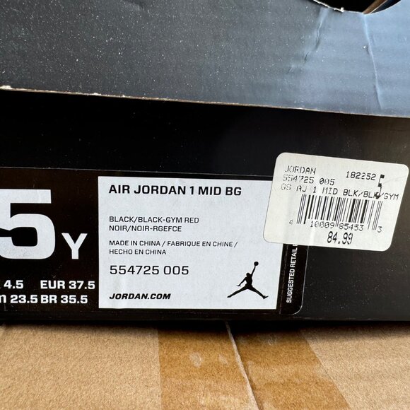 Air Jordan 1 Mid BG Black/Gym Red Youth Size 5 - Lightly Used - Picture 2 of 10